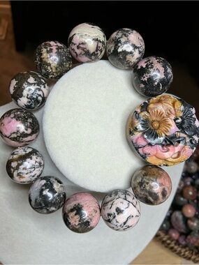 Bohemian Noir ✨ Rhodonite 16mm with Flower Carving (Pink/Black/Gold)